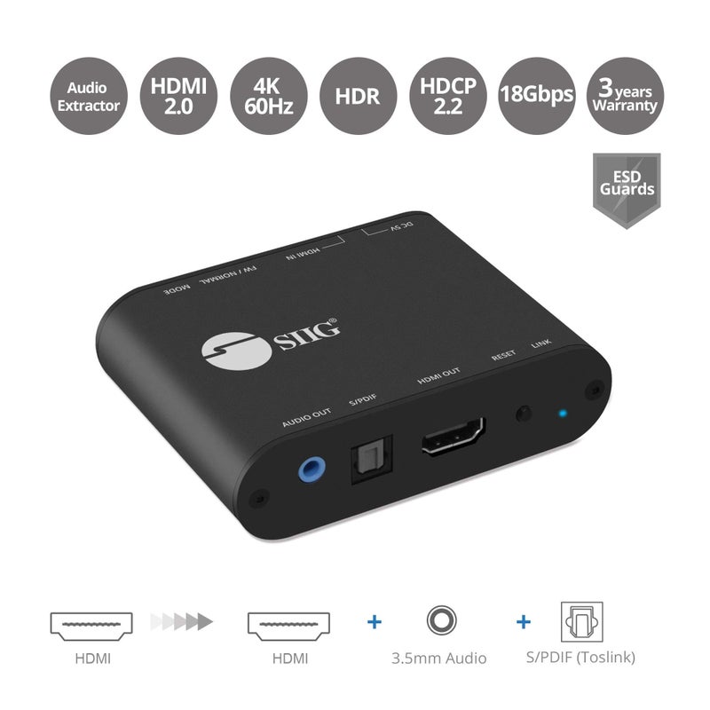 SIIG HDMI 2.0 Audio Extractor 4K/60Hz HDR ARC HDCP 2.2 Support - HDMI to Toslink Optical SPDIF & 3.5mm Stereo Analog Outputs - CEC, EDID, Audio De-embedder and Repeater, TAA compliant (CE-H24F11-S1) - Image 2